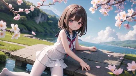 (masterpiece),  outdoor,  cherry blossoms,  petal,  sunlight,  lake,  one girl,  blush,  smile,  medium hair,  sailor suit,　long...