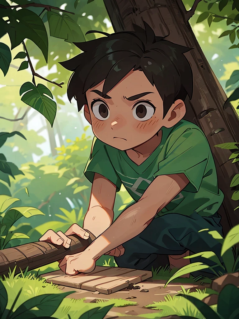 A boy with a dirt-smudged face hammering a plank into place on a tree branch, surrounded by lush green leaves