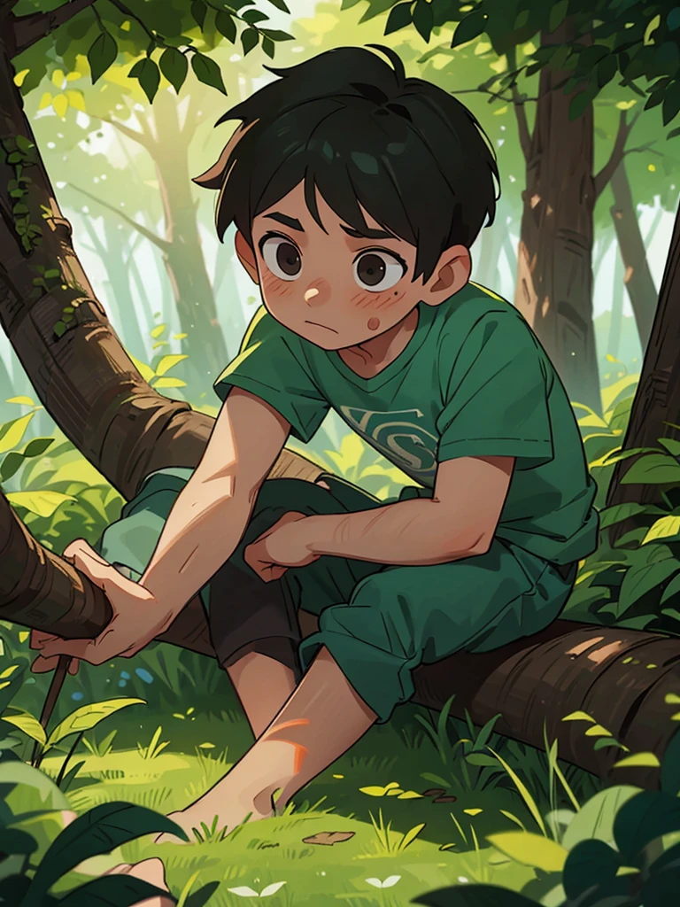 A boy with a dirt-smudged face hammering a plank into place on a tree branch, surrounded by lush green leaves