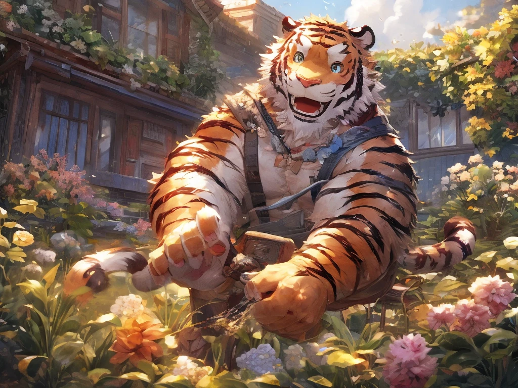 Tiger personification、A happy look、masterpiece、Highest quality、Detailed Background、garden