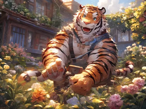 Tiger personification、A happy look、masterpiece、Highest quality、Detailed Background、garden