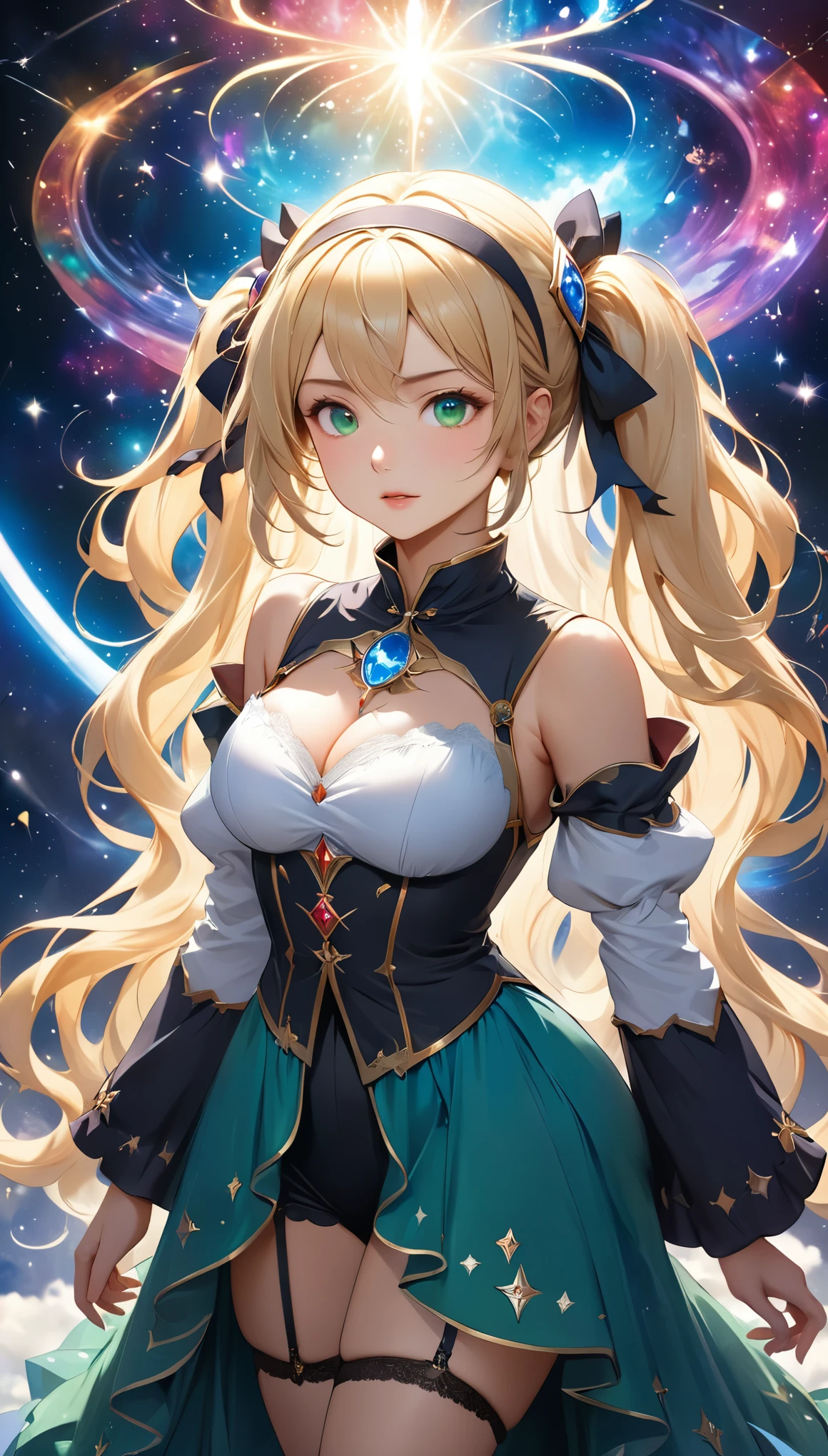 space war, 8K resolution, masterpiece, Highest quality, Award-winning works, unrealistic, Only sexy women, healthy shaped body, Age 25, White wavy long hair, hair band, huge firm bouncing busts, witch, royal coat of arms, elegant, Very detailed, Digital Painting, artステーション, コンセプトart, Smooth, Sharp focus, shape, artジャム、Greg Rutkowski、Alphonse Mucha、William Adolphe Bouguereau、art：Stephanie Law , Magnificent cosmic background, Royal Jewel, nature, Full Shot, Symmetric, Greg Rutkowski, Charlie Bowwater, beep, Unreal 5, Surreal, Dynamic Lighting, ファンタジーart, Complex colors, カラフルなmagic陣, magic, Small face, Very delicate facial expressions, Delicate eye depiction, Upper body close-up,, erotic, dynamic sexy poses, One sexy woman, Healthy body shape, 24-year-old woman, doaxvv_marie rose, witch, Height: 170cm, big firm bouncing busts, , blonde very long wavy hair, twin tail,, Glaring at the camera, Looking up, Invincible laughter, A complex, gothic-style long dress, , Green long skirt, garter belt, Brown Loafers, Standing Alone