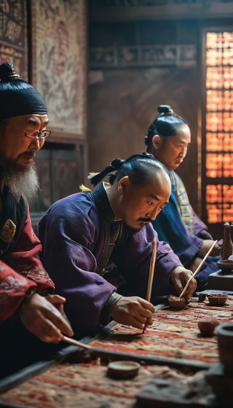 Artists and craftsmen at work, showing the flourishing of arts under the Mongol Empire, background dark, hyper realistic, ultra detailed hyper realistic, photorealistic, Studio Lighting, reflections, dynamic pose, Cinematic, Color Grading, Photography, Shot on 50mm lens, Ultra-Wide Angle, Depth of Field, hyper-detailed, beautifully color, 8k