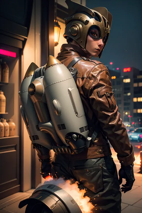 rocketeer, jetpack, cyberpunk, science fiction, cyberpunk style, 8k, flying in night sky, masterpiece, highly detailed, dynamic ...