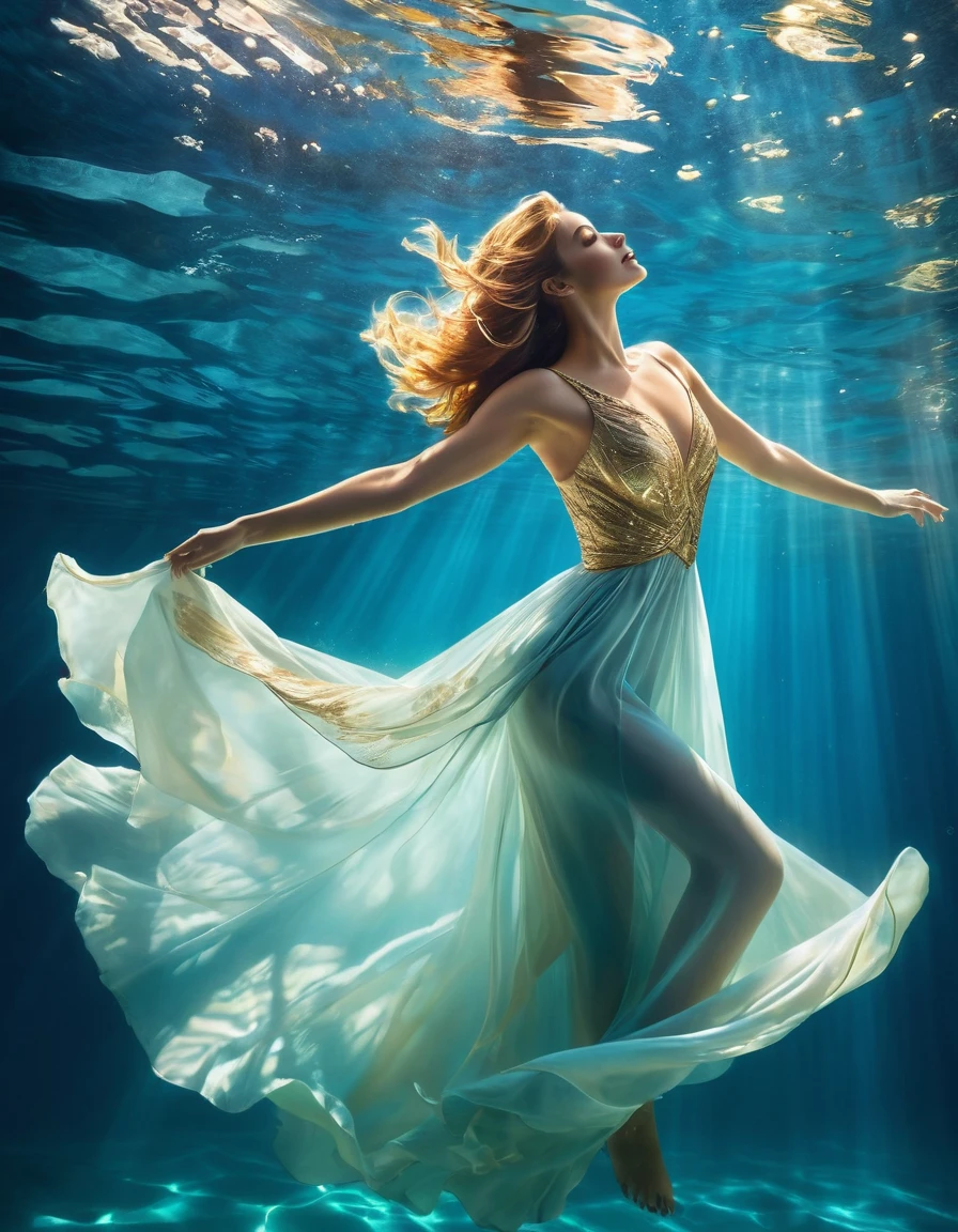 On a sunny day (a charming woman floating in the blue sea water wearing a full evening dress), with folded waist, underwater artistic gymnastics, underwater photography, ethereal atmosphere, stylish underwater lighting, the best quality, high resolution, Ultrathin, photographic realism: 1.37, Estilo Shaw, Estilo Zena Holloway, vibrant colors in a dreamy palette, soft golden sunlight shining through the water, creating a heavenly light. The ocean surface is bright and lush, and the flowing fabric of the evening dress swirls gracefully in the water. Woman&#39;s charming look, Charming and expressive eyes, and long hair fluttering gently The ground floats in the water, creating a magical and light atmosphere, with subtle hints of sea creatures, like colorful fish or delicate corals, Capturing the tranquility and tranquility suspended in the water, elegance and sophistication intertwined with the natural beauty of the ocean, women exude elegance and confidence, easily blending into the aquatic environment.