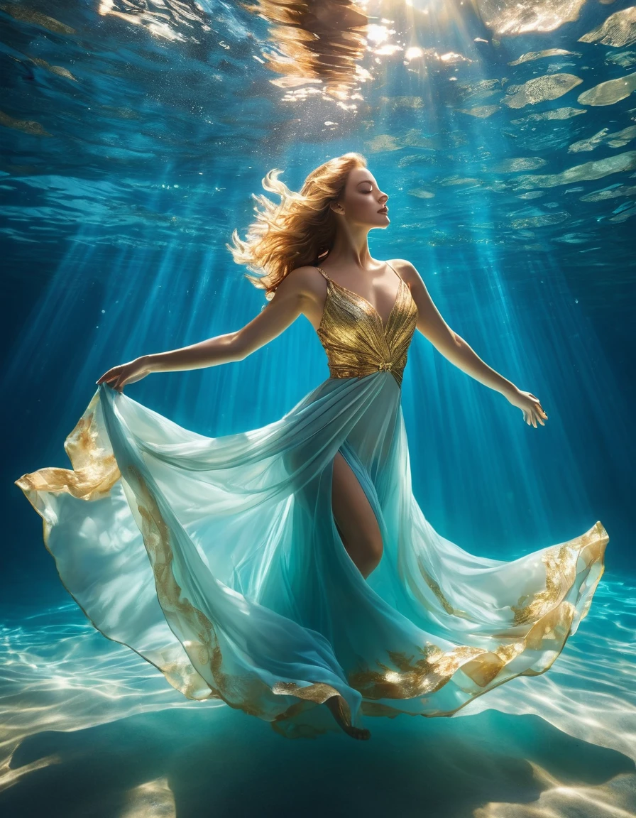 On a sunny day (a charming woman floating in the blue sea water wearing a full evening dress), with folded waist, underwater artistic gymnastics, underwater photography, ethereal atmosphere, stylish underwater lighting, the best quality, high resolution, Ultrathin, photographic realism: 1.37, Estilo Shaw, Estilo Zena Holloway, vibrant colors in a dreamy palette, soft golden sunlight shining through the water, creating a heavenly light. The ocean surface is bright and lush, and the flowing fabric of the evening dress swirls gracefully in the water. Woman&#39;s charming look, Charming and expressive eyes, and long hair fluttering gently The ground floats in the water, creating a magical and light atmosphere, with subtle hints of sea creatures, like colorful fish or delicate corals, Capturing the tranquility and tranquility suspended in the water, elegance and sophistication intertwined with the natural beauty of the ocean, women exude elegance and confidence, easily blending into the aquatic environment.