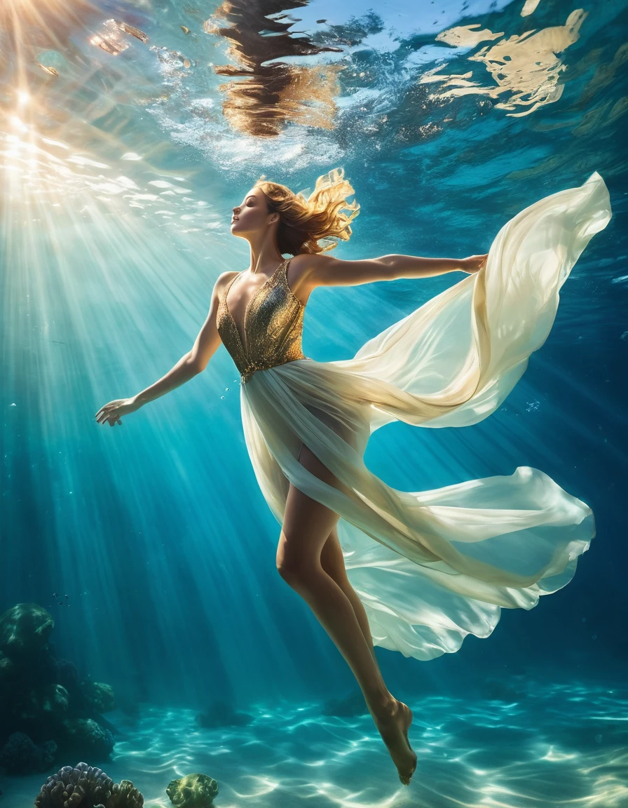 On a sunny day (a charming woman floating in the blue sea water wearing a full evening dress), with folded waist, underwater artistic gymnastics, underwater photography, ethereal atmosphere, stylish underwater lighting, the best quality, high resolution, Ultrathin, photographic realism: 1.37, Estilo Shaw, Estilo Zena Holloway, vibrant colors in a dreamy palette, soft golden sunlight shining through the water, creating a heavenly light. The ocean surface is bright and lush, and the flowing fabric of the evening dress swirls gracefully in the water. Woman&#39;s charming look, Charming and expressive eyes, and long hair fluttering gently The ground floats in the water, creating a magical and light atmosphere, with subtle hints of sea creatures, like colorful fish or delicate corals, Capturing the tranquility and tranquility suspended in the water, elegance and sophistication intertwined with the natural beauty of the ocean, women exude elegance and confidence, easily blending into the aquatic environment.