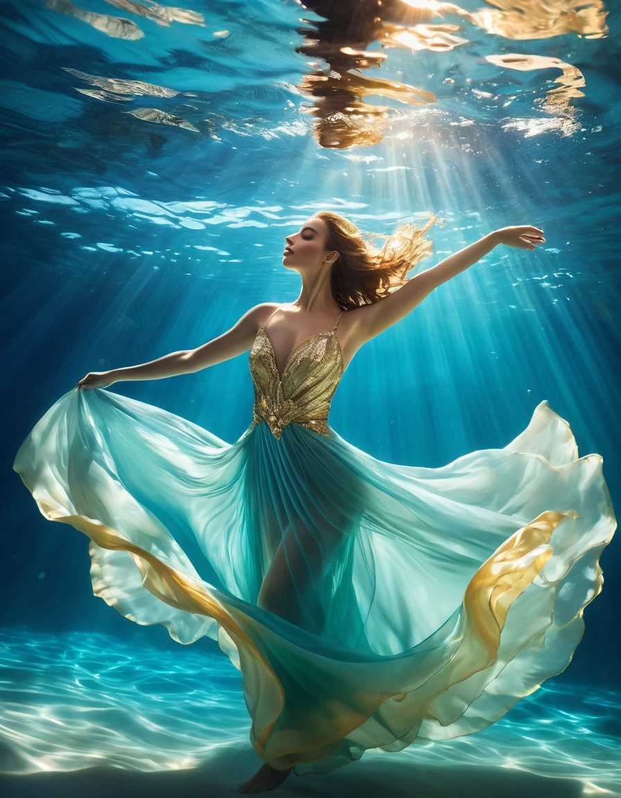 On a sunny day (a charming woman floating in the blue sea water wearing a full evening dress), with folded waist, underwater artistic gymnastics, underwater photography, ethereal atmosphere, stylish underwater lighting, the best quality, high resolution, Ultrathin, photographic realism: 1.37, Estilo Shaw, Estilo Zena Holloway, vibrant colors in a dreamy palette, soft golden sunlight shining through the water, creating a heavenly light. The ocean surface is bright and lush, and the flowing fabric of the evening dress swirls gracefully in the water. Woman&#39;s charming look, Charming and expressive eyes, and long hair fluttering gently The ground floats in the water, creating a magical and light atmosphere, with subtle hints of sea creatures, like colorful fish or delicate corals, Capturing the tranquility and tranquility suspended in the water, elegance and sophistication intertwined with the natural beauty of the ocean, women exude elegance and confidence, easily blending into the aquatic environment.