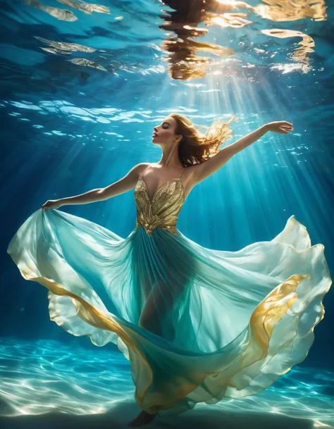 On a sunny day (a charming woman floating in the blue sea water wearing a full evening dress), with folded waist, underwater art...