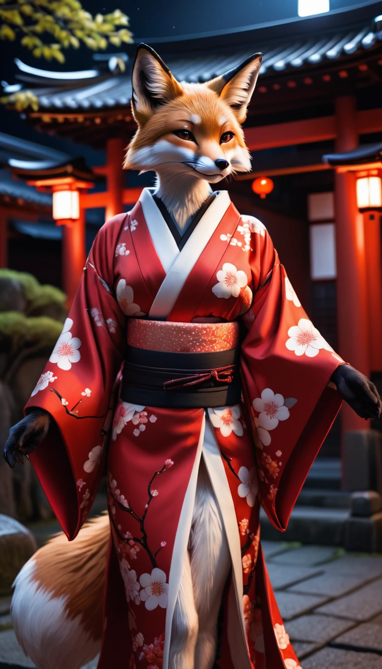 Raposa antropomórfica vestindo um quimono japonês, Rachaduras visíveis, Vestindo um quimono vermelho com decorações abertas,  Santuário japonês escuro à noite, realista, Fotos de alta qualidade de tirar o fôlego, 