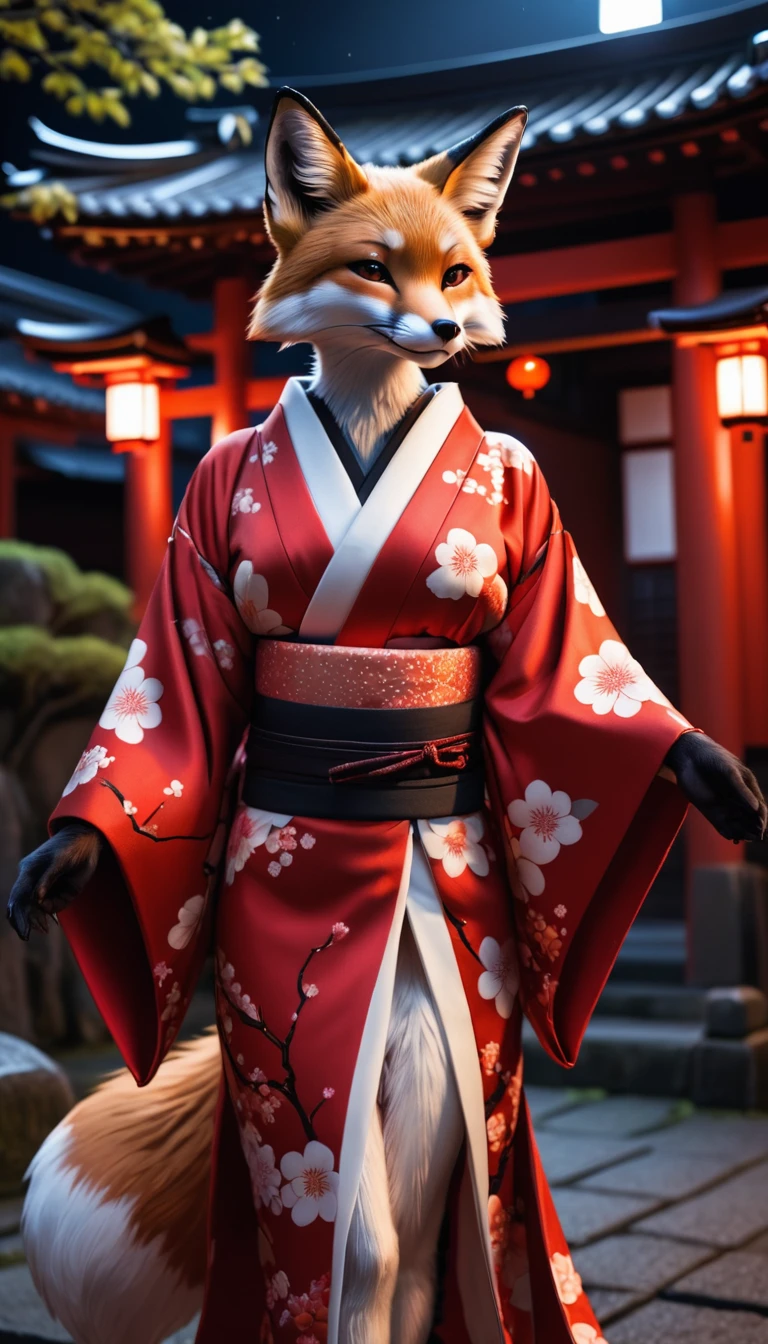 Anthropomorphic fox wearing a Japanese kimono, Visible cracks, Wearing a red kimono with open decorations,  Dark Japanese shrine at night, Realistic, Breathtakingly high-quality photos, 