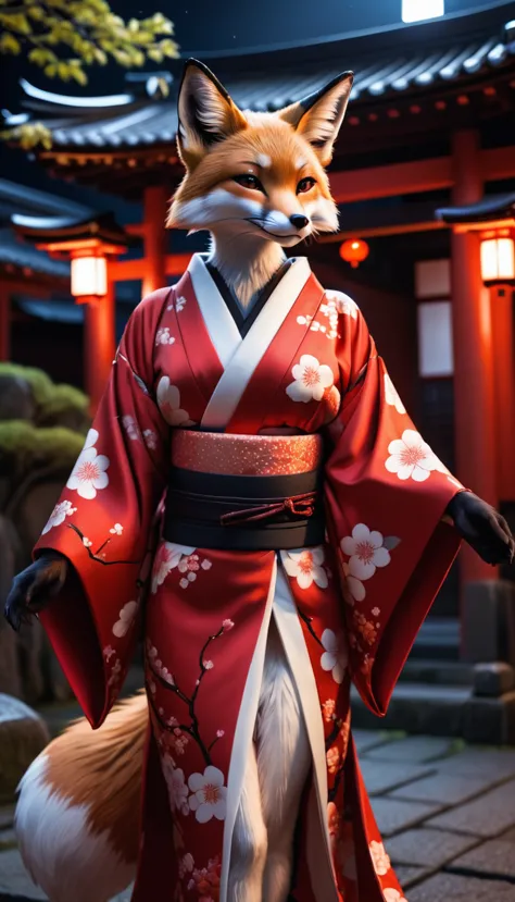 Anthropomorphic fox wearing a Japanese kimono, Visible cracks, Wearing a red kimono with open decorations,  Dark Japanese shrine...