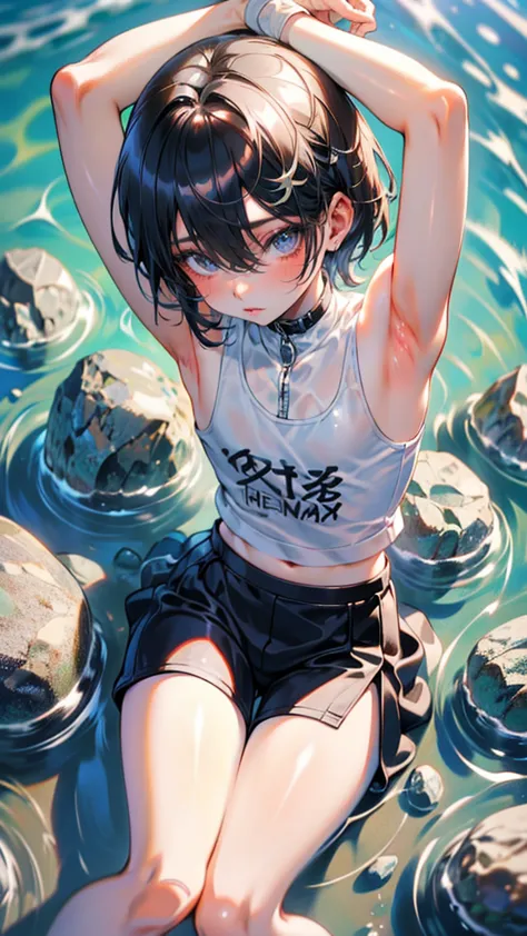 anime sexy man, 10-year-old boy，(showing armpit:1.3),  shirrless, sitting in water，Stones and water splashed on him, vests，short...