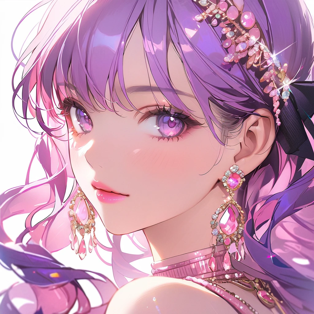 1girl, closeup, purple eyes, pink eyes, purple hair, diamond earrings, diamond necklace, pink lips, gorgeous, shining, glitter, beautiful face, pink theme 