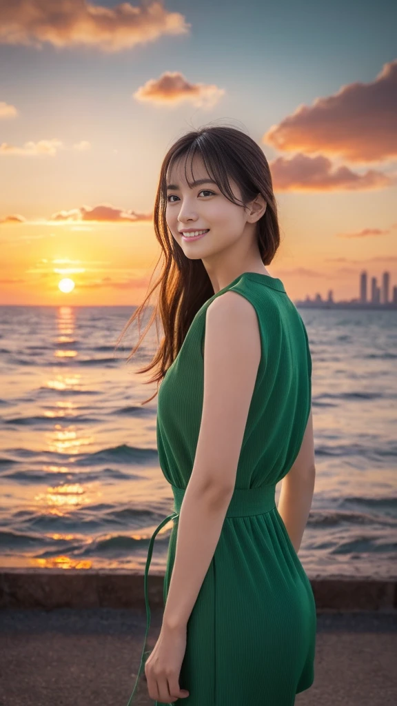 1 girl, (Green spring outfit:1.2), Very beautiful Japanese actress,
(RAW Photos, Highest quality), (Realistic, Photorealistic:1.4), Tabletop, 
Very delicate and beautiful, Very detailed, 2k wallpaper, wonderful, 
finely, Very detailed CG Unity 8K 壁紙, Very detailed, High resolution, Soft Light, 
Beautiful detailed girl, Very detailed目と顔, Beautiful and detailed nose, finelyて美しい目, Cinema Lighting, 
Distant view of the buildings, (Sunset on the horizon:1.4), 
Bright Red Sunset, Sunset reflected on the surface of the water,
Complete Anatomy, Slender body, small, smile,
Pan Focus