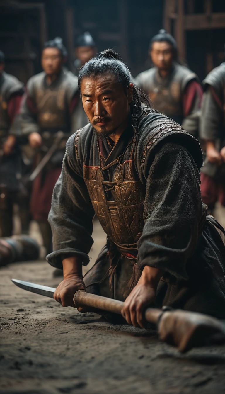 Mongol warriors training, demonstrating their discipline and skill, background dark, hyper realistic, ultra detailed hyper realistic, photorealistic, Studio Lighting, reflections, dynamic pose, Cinematic, Color Grading, Photography, Shot on 50mm lens, Ultra-Wide Angle, Depth of Field, hyper-detailed, beautifully color, 8k