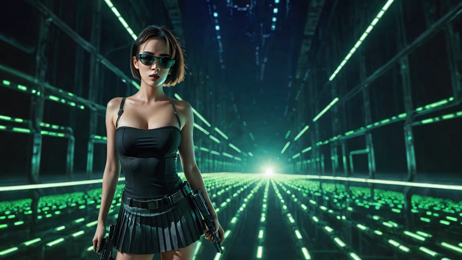 aerial view. sci-fi circuit background. Matrix style, at night, dark sky, (((1girl, solo))), photo realistic, (large-breast:1.3 slim body, cleavage:1.2), (((tube top, very short pleated miniskirt))), (((((matrix style black sunglasses))))), (((aiming at camera with a mini pistol))), (looking at camera), (((((half-body thigh level medium shot))))), (cinematic lighting).