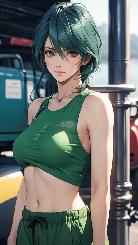 1 Female, Tamaki, green hair, hair between eyes, (detailed eyes:1.3), See-through shirt, Tank top, cargo pants
