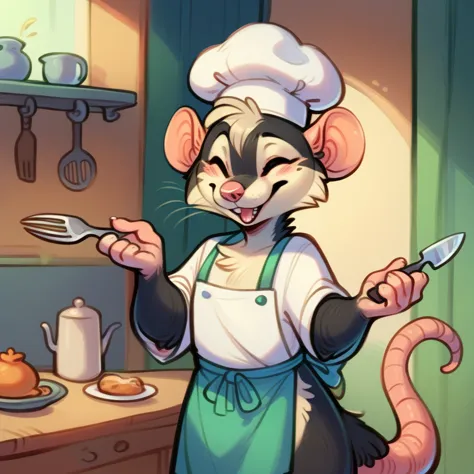 rat chef, semi-anthropomorphic, fork in left hand, knife in right hand, crossed on chest, happy and laughing expression, detaile...