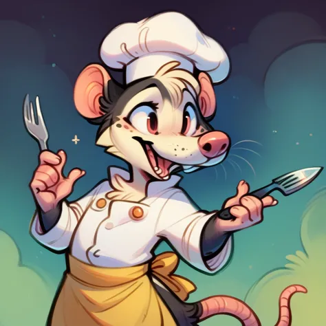 rat chef, semi-anthropomorphic, fork in left hand, knife in right hand, crossed on chest, happy and laughing expression, detaile...