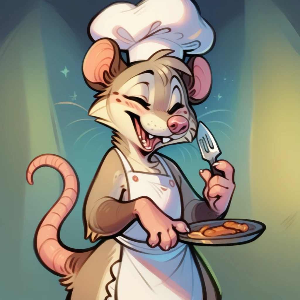 Rat chef, semi-anthropomorphic, fork in left hand, knife in right hand, crossed on chest, happy and laughing expression, detailed facial features, chef hat, apron, detailed clothing, complex textures, high quality, realistic, 8K, masterpiece, cinematic lighting, warm tones