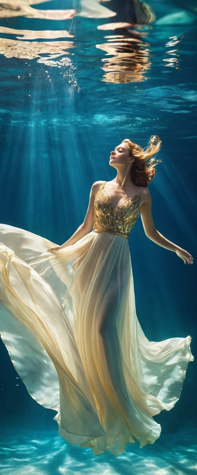 On a sunny day (a charming woman floating in the blue sea water wearing a full evening dress), with folded waist, underwater artistic gymnastics, underwater photography, ethereal atmosphere, stylish underwater lighting, the best quality, high resolution, Ultrathin, photographic realism: 1.37, Estilo Shaw, Estilo Zena Holloway, vibrant colors in a dreamy palette, soft golden sunlight shining through the water, creating a heavenly light. The ocean surface is bright and lush, and the flowing fabric of the evening dress swirls gracefully in the water. Woman&#39;s charming look, Charming and expressive eyes, and long hair fluttering gently The ground floats in the water, creating a magical and light atmosphere, with subtle hints of sea creatures, like colorful fish or delicate corals, Capturing the tranquility and tranquility suspended in the water, elegance and sophistication intertwined with the natural beauty of the ocean, women exude elegance and confidence, easily blending into the aquatic environment.