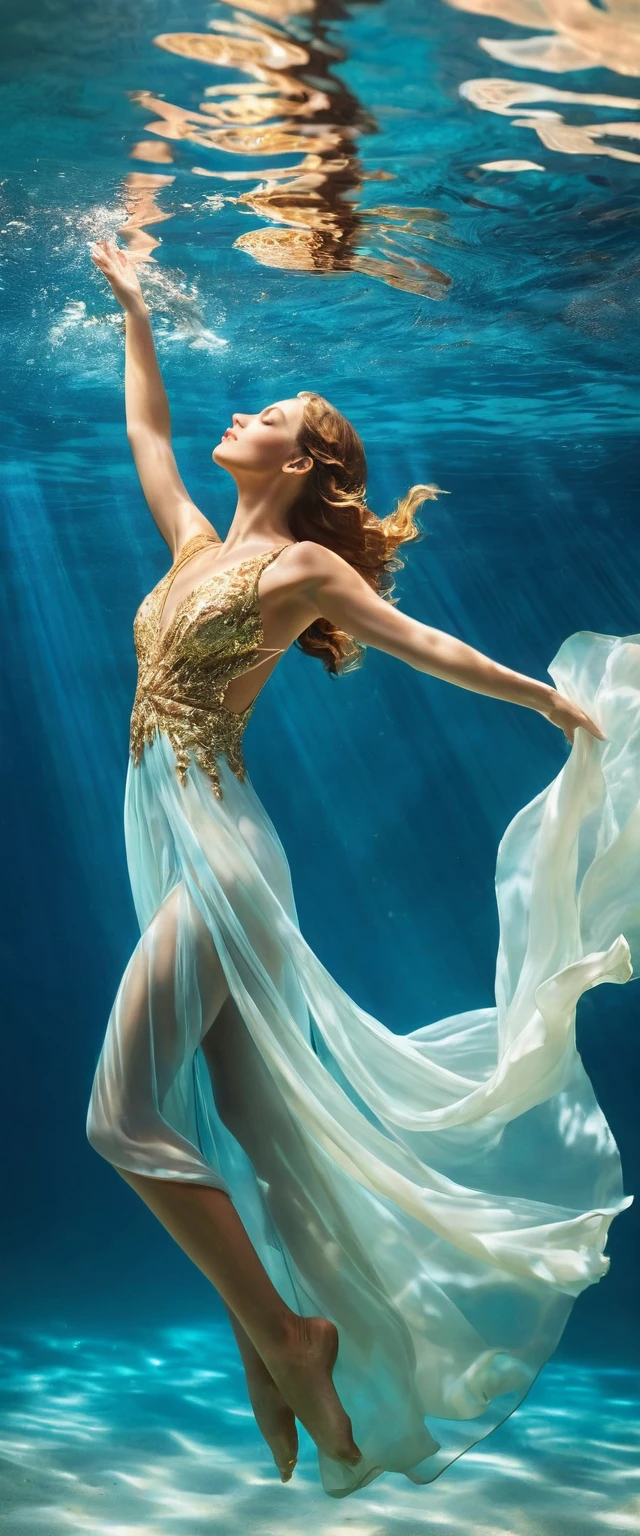 On a sunny day (a charming woman floating in the blue sea water wearing a full evening dress), with folded waist, underwater artistic gymnastics, underwater photography, ethereal atmosphere, stylish underwater lighting, the best quality, high resolution, Ultrathin, photographic realism: 1.37, Estilo Shaw, Estilo Zena Holloway, vibrant colors in a dreamy palette, soft golden sunlight shining through the water, creating a heavenly light. The ocean surface is bright and lush, and the flowing fabric of the evening dress swirls gracefully in the water. Woman&#39;s charming look, Charming and expressive eyes, and long hair fluttering gently The ground floats in the water, creating a magical and light atmosphere, with subtle hints of sea creatures, like colorful fish or delicate corals, Capturing the tranquility and tranquility suspended in the water, elegance and sophistication intertwined with the natural beauty of the ocean, women exude elegance and confidence, easily blending into the aquatic environment.