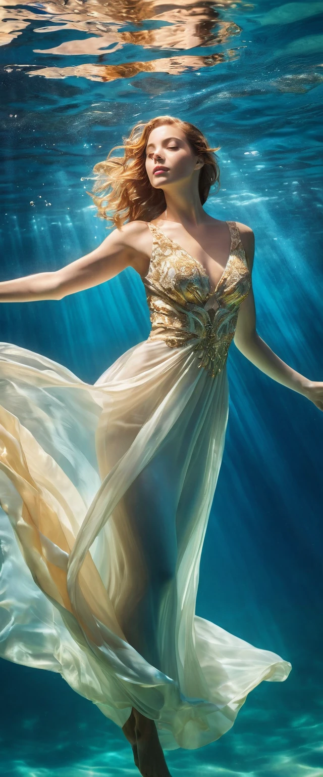 On a sunny day (a charming woman floating in the blue sea water wearing a full evening dress), with folded waist, underwater artistic gymnastics, underwater photography, ethereal atmosphere, stylish underwater lighting, the best quality, high resolution, Ultrathin, photographic realism: 1.37, Estilo Shaw, Estilo Zena Holloway, vibrant colors in a dreamy palette, soft golden sunlight shining through the water, creating a heavenly light. The ocean surface is bright and lush, and the flowing fabric of the evening dress swirls gracefully in the water. Woman&#39;s charming look, Charming and expressive eyes, and long hair fluttering gently The ground floats in the water, creating a magical and light atmosphere, with subtle hints of sea creatures, like colorful fish or delicate corals, Capturing the tranquility and tranquility suspended in the water, elegance and sophistication intertwined with the natural beauty of the ocean, women exude elegance and confidence, easily blending into the aquatic environment.