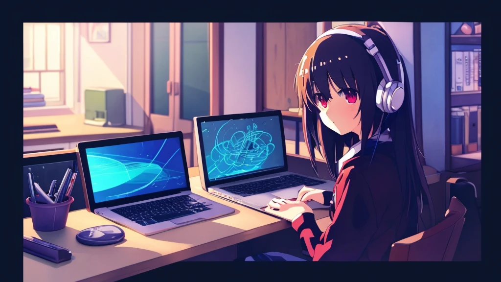 Anime-Mädchen sitzt an einem Schreibtisch mit einem Laptop und Kopfhörern, eine Anime-Zeichnung von Yuumei, Gewinner des Pixiv-Wettbewerbs, computer art, Lofi-Mädchen, Anime Mädchen Desktop Hintergrund, Digitale Anime-Illustration, Anime-Stil 4k, Anime-Kunst-Hintergrundbild 4K, Anime-Kunst-Tapete 4k, Anime-Kunst-Tapete 8 k, Lofi-Porträt, 4K-Anime-Hintergrundbild