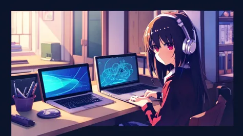 anime girl sitting at a desk with a laptop and headphones on, an anime drawing by Yuumei, pixiv contest winner, computer art, lo...