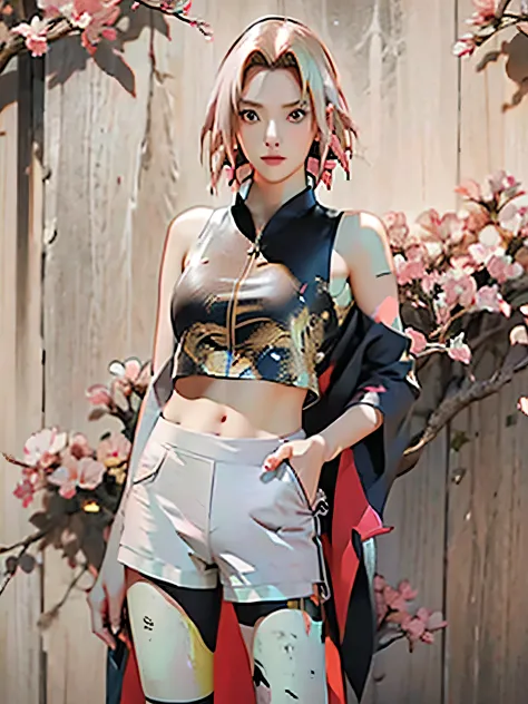 Exceptional style,，Advanced Breast，White shoulders，Fashion hot pants，Gold Collar， Open hair, fashion model，Sakura Haruno，