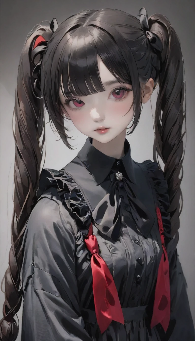 (Highest quality、masterpiece、Super detailed、一人のgirl、Cute face、Black silky short hair、(((短い髪のTwin tails、ショートボブのTwin tails)))、Gray eyes、From the knee up、Gothic Lolita Fashion、Highly detailed eye、Little red cheeks and nose、Cute face、((💀、☠、girl、💀)))、Twin tails、