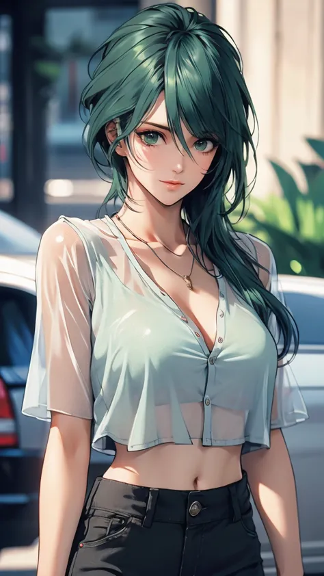1 Female, Tamaki, green hair, hair between eyes, (detailed eyes:1.3), See-through shirt, cargo pants