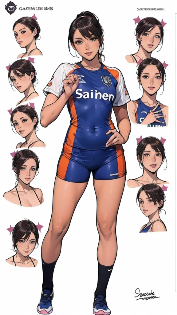 ((masterpiece)),(((Highest quality))),((Character design sheet)),((sketch)),((Vulgar)),Thick thighs,1 Girl,not a big deal ,((Between the breasts)),Cat Juice,Wearing wet sexy soccer uniform and soccer shoes,He lifted his shirt halfway up.,milking