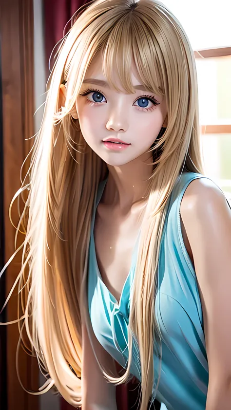 The most beautiful face in the world、Very beautiful super long silky golden shiny blonde hair、Shiny, silky, super long straight ...