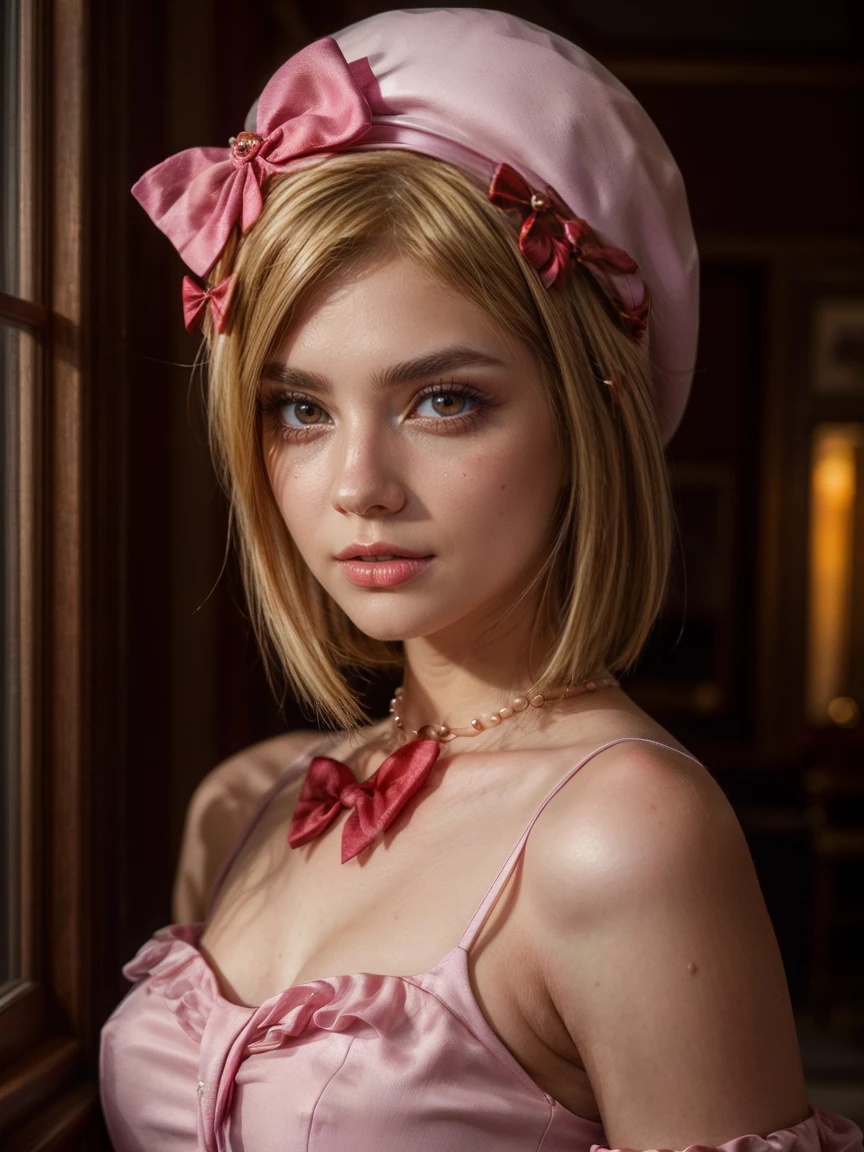 (1 lady), The beautiful, (Best quality at best:1.4), (ultra - detailed), (extremely detailed CG unified 16k), gold blonde hair, very detailed, High-definition RAW color photo, professional photoshooting, amazing face and eyes, cosmetics, (amazingly beautiful girl), ((lambdadelta, tall woman, taller)), ((dress, red bow, pink hat, necklace, gloves, pearl, pink dress, pumpkin brooch)), standing, realistic cinematic face, photo portrait, upper body (shoulders to head), photorealistic, ((realistic natural blonde hair style, red eyes)), gorgeous, extremely beautiful face, perfect model beauty, pout mouth, flirting smile, cleavages, city girl, western, (masterpiece), best quality, high resolution, extremely detailed, blurred background, depth of field, cinematic lighting, clear and well-cared skin