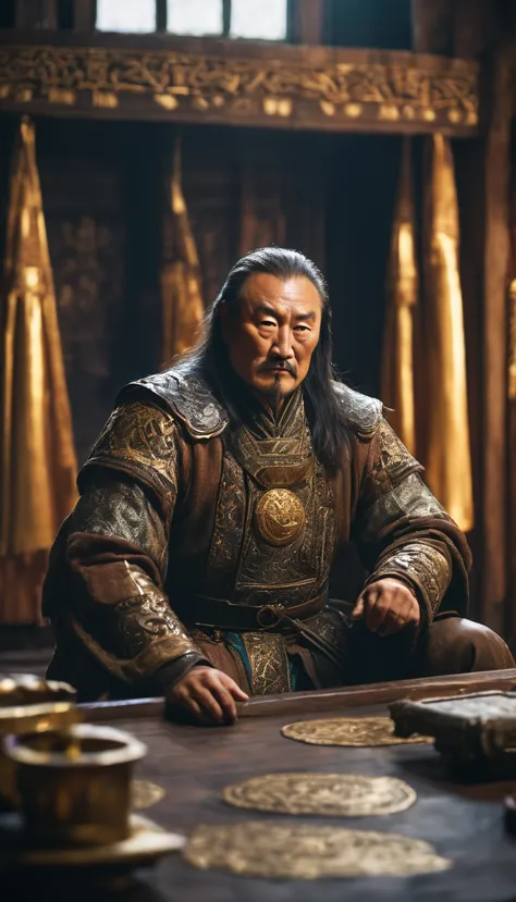 A contemplative Genghis Khan looking over the vast steppes, symbolizing his visionary leadership, background dark gold, hyper re...