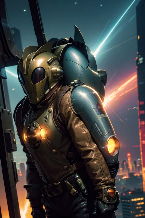 comic book character rocketeer, jetpack, cyberpunk, science fiction, cyberpunk style, 8k, flying in night sky, masterpiece, high...