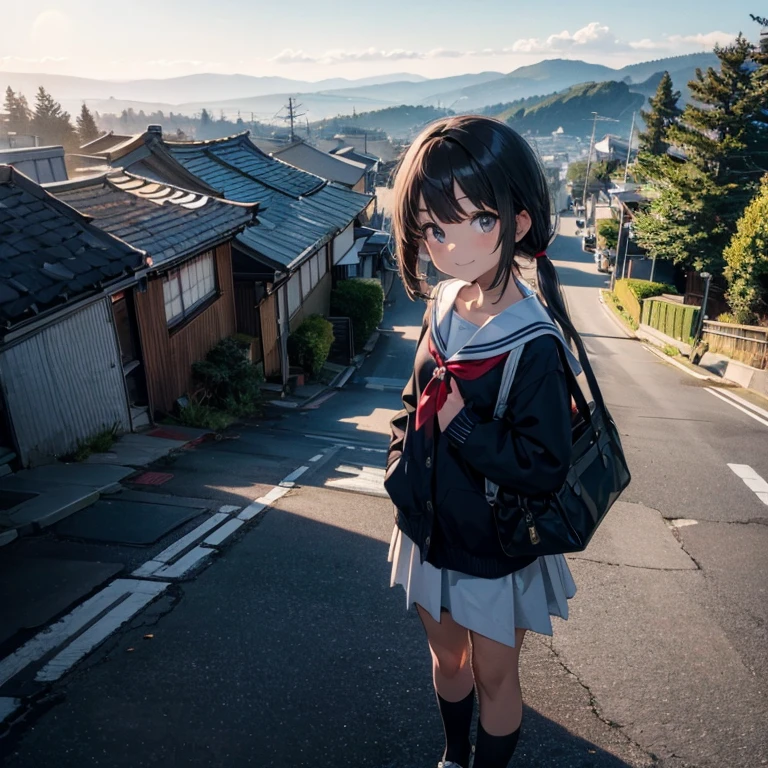 1girl, standing, gentle smile, 15yo, head tilt,
(low twintails), low pigtails, black hair, very long hair,
BREAK
navy blue sailor  with blue ribbon, long sleeves,
BREAK 
dark brown eyes, 1 school bag on right shoulder, 
BREAK
from front, from a little above,
(sloped road, downhill, wide single road in Japan, stylish, urban, city area),
electric pole, white line on the road, trees, white residences, harbor highlands,
distant urban cityscape, sea in the distance, gantry crane, nice views, afternoon, 
anime, high brightness,
(high quality, ultra detailed, masterpiece), FHD