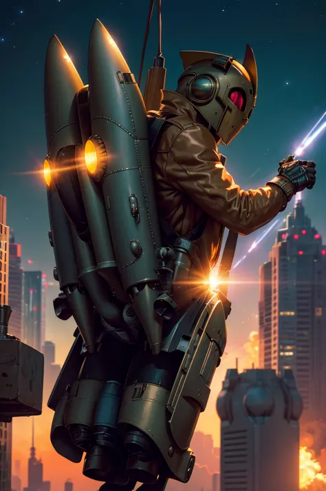 comic book character rocketeer, jetpack, cyberpunk, science fiction, cyberpunk style, 8k, flying in night sky, masterpiece, high...