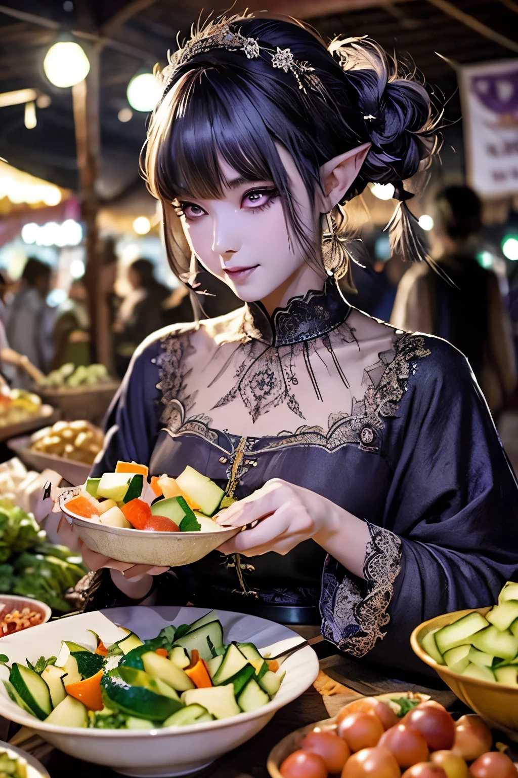 (Ultra-detailed face, bashful, pigtails:1.3), (Fantasy Illustration with Gothic & Ukiyo-e & Comic Art), (Full body, A middle-aged dark elf woman with silver hair, blunt bangs, very long pigtails and dark purple skin, lavender eyes), (She wears a hibiscus hair ornament, a white blouse of washed cotton and a purple rolled skirt with a paisley pattern, and leather sandals), BREAK (She is serving a small bowl of fresh vegetable and fruit salad to a customer in a medieval Asian port town market), BREAK (In the background, floating in the starry sky, is a tall, narrow, Middle Eastern-style stone clock tower, which appears to be crowded with townspeople)