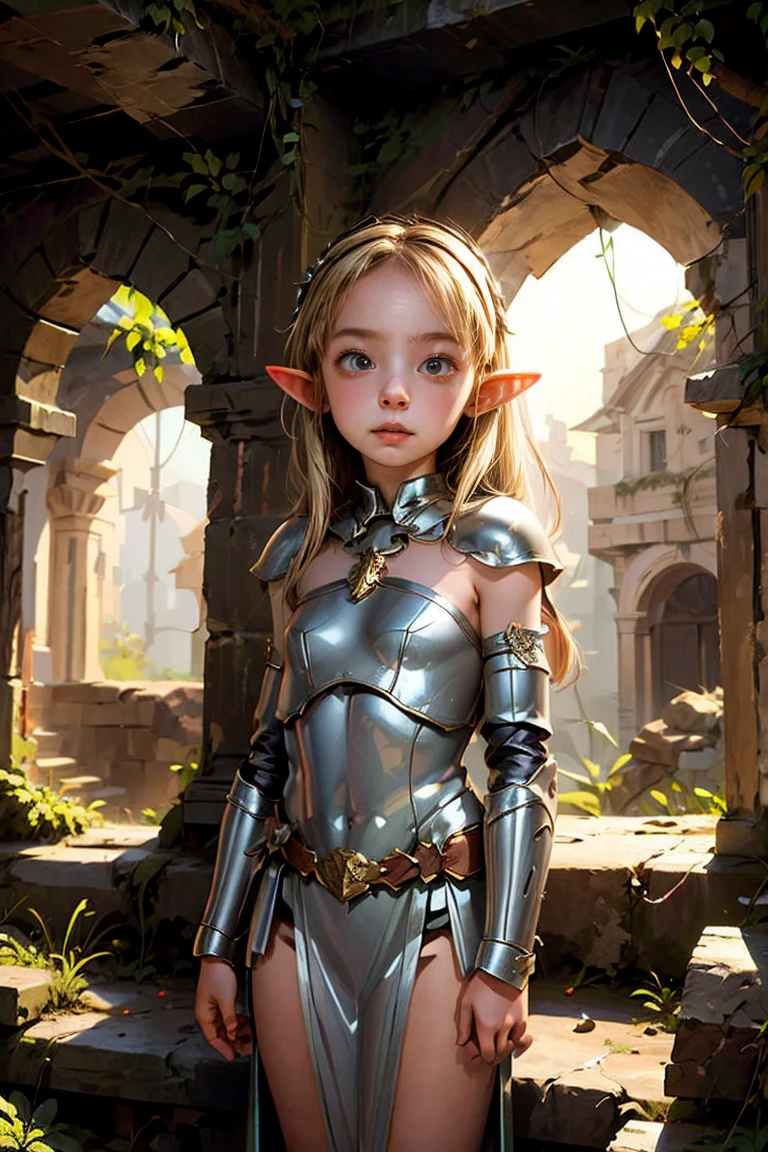 (alta resolução) 1 garota, sozinho, fada girl in armaduras, garota elfa, fada, armaduras, Medieval costume, coroa na caverna, Cape, ruínas da Grécia antiga,
