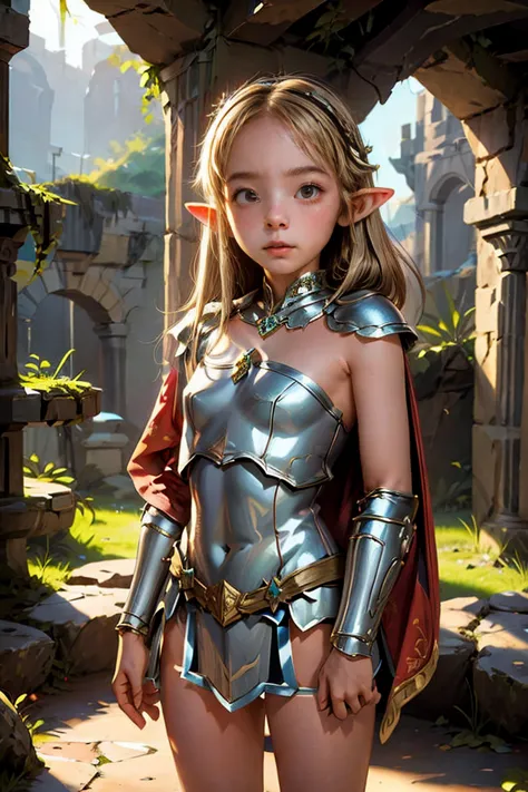 (High resolution) 1 Girl, alone, Fairy girl in armor, Elf Girl, Fairy, armor, Medieval costume, Crown in the cave, Cape, Ruins o...