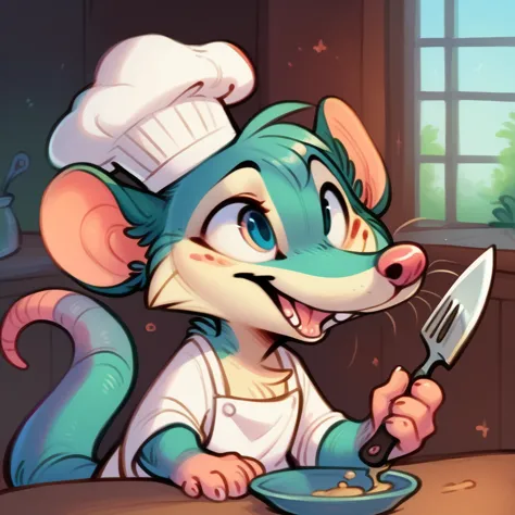 rat chef, semi-anthropomorphic, fork in left hand, knife in right hand, crossed on chest, happy and laughing expression, detaile...