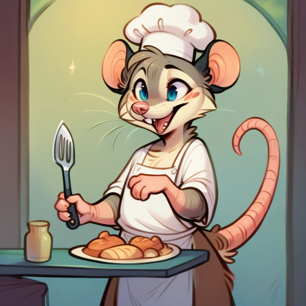 Rat chef, semi-anthropomorphic, fork in left hand, knife in right hand, crossed on chest, happy and laughing expression, detailed facial features, chef hat, apron, detailed clothing, complex textures, high quality, realistic, 8K, masterpiece, cinematic lighting, warm tones