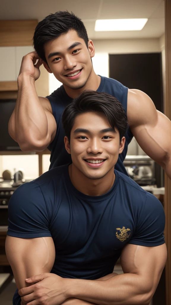 ((Highest quality, 8K, Masterpiece: 1.3))、Thailand Laos Burma Asia, Thai man, A handsome Asian rugby player with short hair, a muscular beard, and big muscles., １A man who has、 yo、Good appearance、Beautiful nose、smile、 Detailed eyes and face、beautiful light、(studio)、high resolution、（Look at the vieFine mouth、smile、whole body: 1.5, perfect shape: 1.3, Picture of both shoulders:1.3, Navy blue round neck t-shirt:1.5