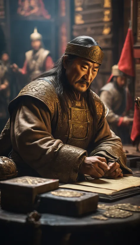 The signing of a significant treaty with another empire, showcasing Genghis Khan's diplomatic acumen, background dark gold, hype...