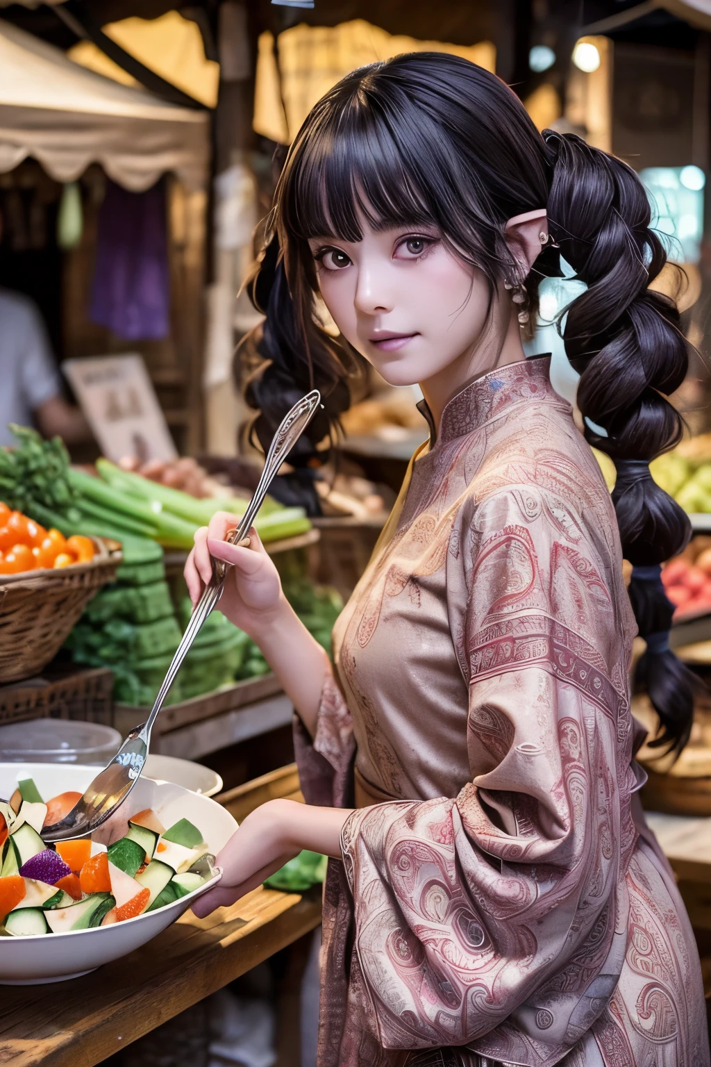 (Ultra-detailed face, bashful, pigtails:1.3), (Fantasy Illustration with Gothic & Ukiyo-e & Comic Art), (Full body, A middle-aged dark elf woman with silver hair, blunt bangs, very long pigtails and dark purple skin, lavender eyes), (She wears a hibiscus hair ornament, a white blouse of washed cotton and a purple rolled skirt with a paisley pattern, and leather sandals), BREAK (She is serving a small bowl of fresh vegetable and fruit salad to a customer in a medieval Asian port town market), BREAK (In the background, floating in the starry sky, is a tall, narrow, Middle Eastern-style stone clock tower, which appears to be crowded with townspeople)