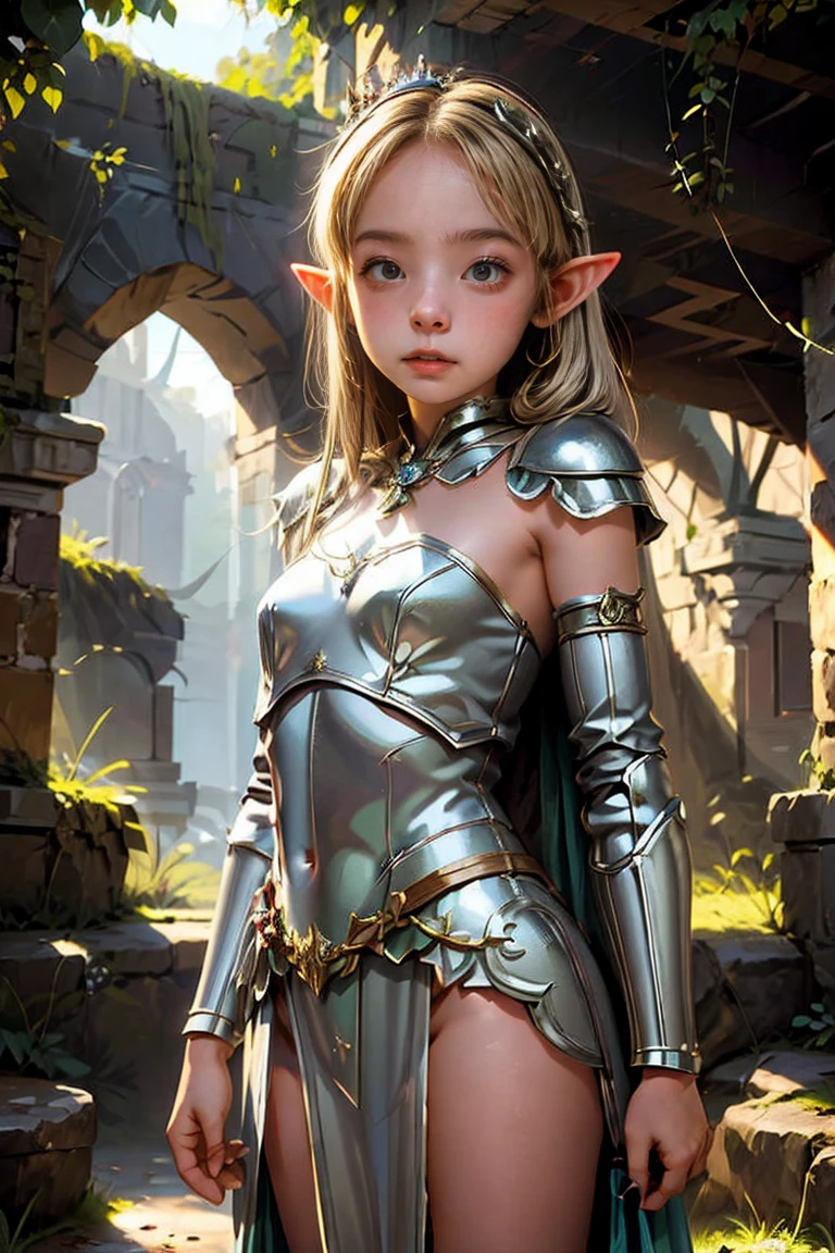 (High resolution) 1 Girl, alone, Fairy girl in armor, Elf Girl, Fairy, armor, Medieval costume, Crown in the cave, Cape, Ruins of ancient Greece,Bondage Armor
