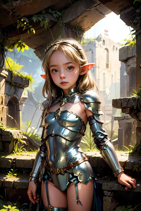 (High resolution) 1 Girl, alone, Fairy girl in armor, Elf Girl, Fairy, armor, Medieval costume, Crown in the cave, Cape, Ruins o...